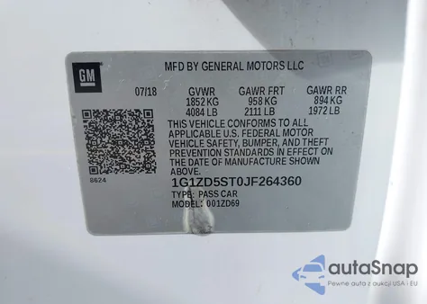 2018 Chevrolet Malibu Lt z USA, uszkodzony, nr VIN 1G1ZD5ST0JF264360